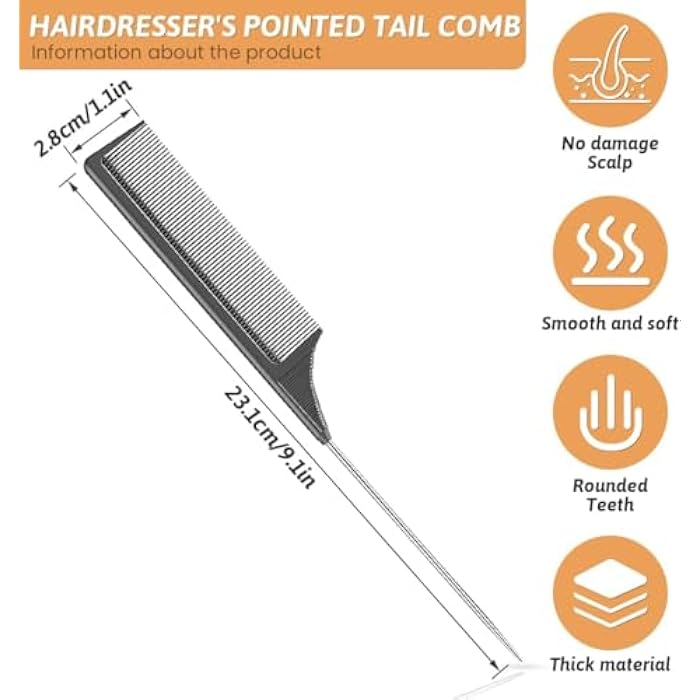 Comb Steel Pin Rat Tail Carbon Fiber Heat Resistant Teasing Combs with Stainless Steel Pintail- MODEL 06700 - Image 2